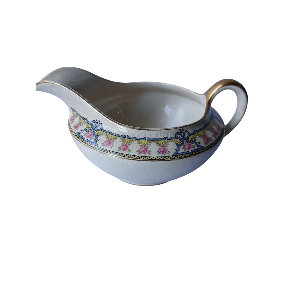 Vintage National China Gravy Boat Floral Rose‎ 18K Gold Handle Salineville Ohio